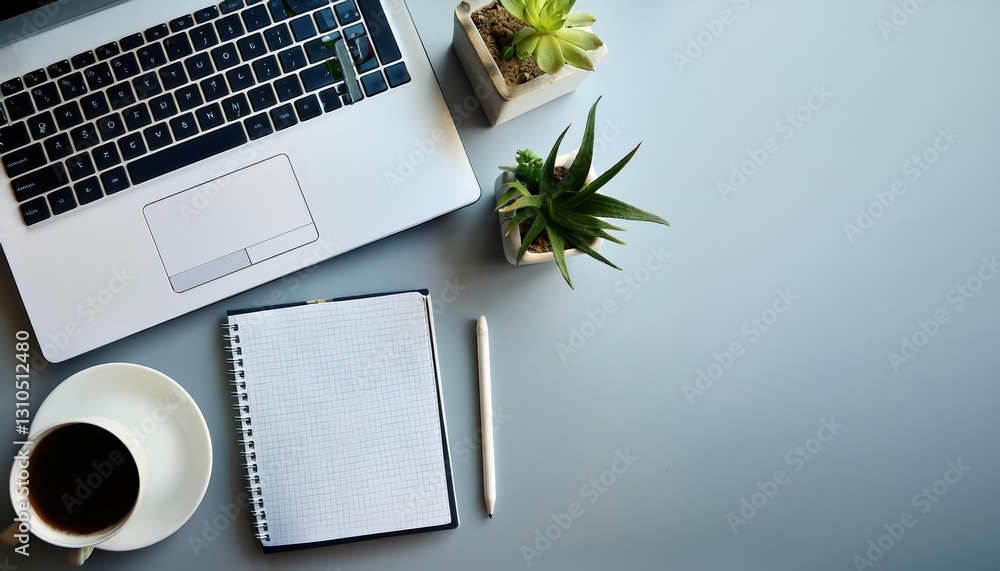 Poster minimalist office space monochrome notepad and laptop arrangement in a modern, sleek setup with indu