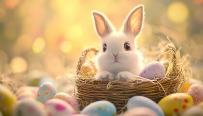 A cute white bunny with big, curious eyes sits in a wicker basket surrounded by colorful, decorated Easter eggs on blur background. The soft lighting adds a warm and cheerful festive atmosphere.