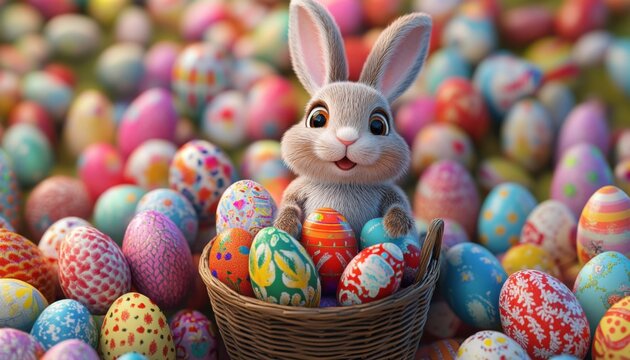 A charming Easter bunny happily sits in a basket surrounded by myriad vibrant eggs of different sizes. The lively atmosphere radiates festivity perfect for spring celebrations and cards