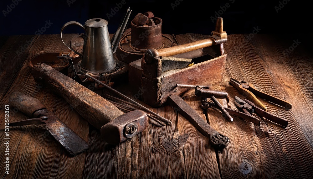 Poster old tools on a wooden table a timeless collection of weathered tools gathered in rustic warmth and p