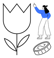 Woman gesturing upward near a tulip flower and a coin conveying financial growth, blooming potential, sustainability, creative ideas, goal setting, and innovation. Ideal for business, finance