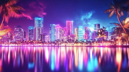 Obraz premium Vibrant city skyline at night with neon lights and water reflections