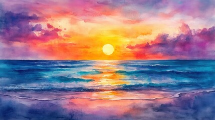 Fototapeta premium Watercolor Sunset Painting for Calming and Artistic Decor