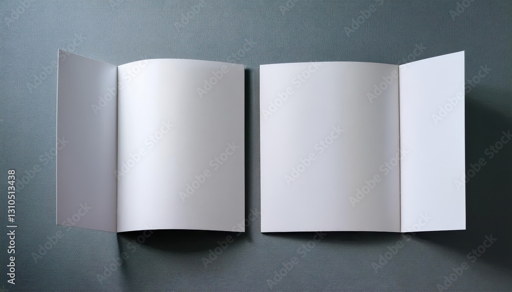 Poster minimalistic duality contrasting open closed brochures against a monochrome grey backdrop, echoing t