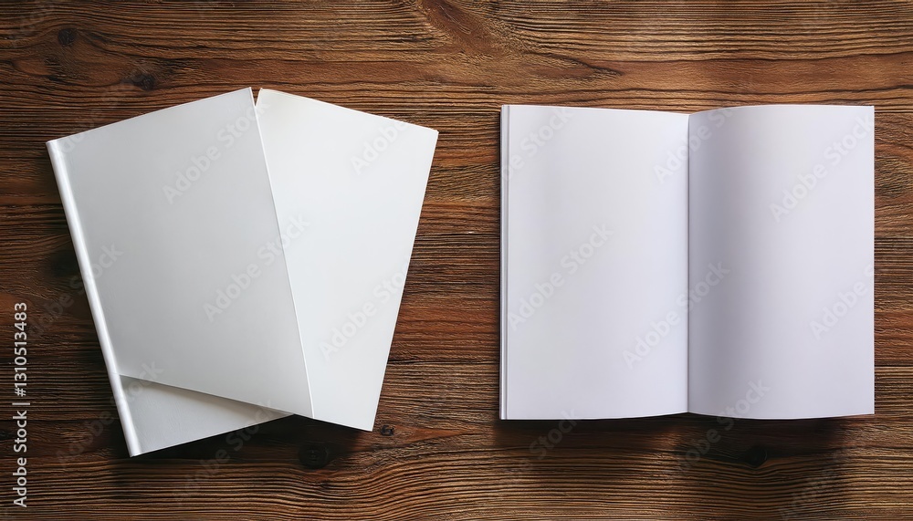 Poster wooden background showcasing open and closed blank brochures in two perspectives a minimalist compos