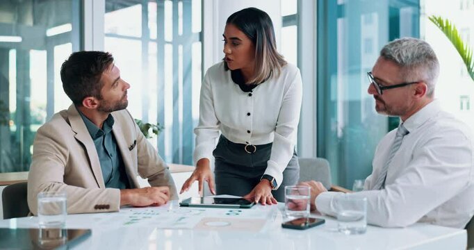 Business people, tablet and discussion in meeting with data, investment analytics or performance metrics. Team manager, technology or planning with financial charts, graphs or brainstorming in office