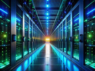 Futuristic Dark Corridor in Massive Modern Data Center - Drone Photography