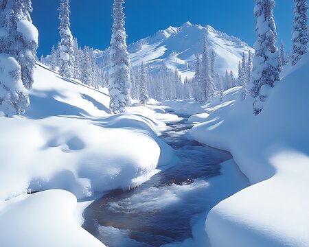 Winter river flows; snowy mountain backdrop