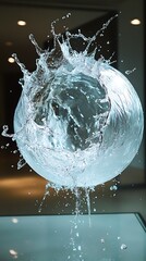 Water sphere explodes indoors; window backdrop