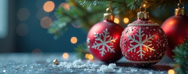 Fototapeta premium Snowflake ornaments hang from golden chain, ornaments, , gold