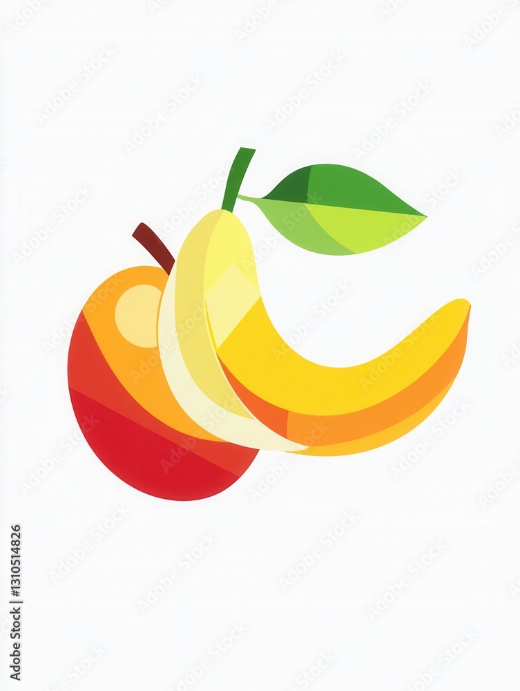Poster Minimalist fruit design featuring abstract apple, pear, and banana on a clean white background with soft shadows