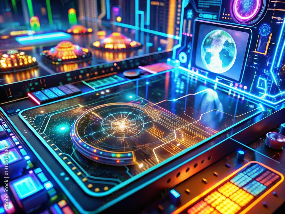 Poster futuristic holographic dashboard: aerial view of advanced tech interface with data visualizations
