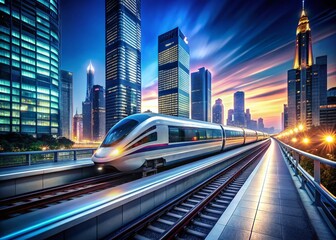Fototapeta premium Futuristic Maglev Train Speeding Through City, High-Speed Rail Transport, Modern Cityscape, Sleek Design, Technology