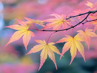 Pastel Pink and Yellow Autumn Maple Leaves Branch
