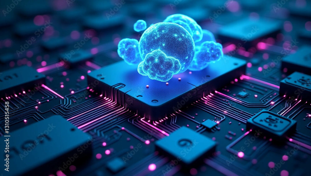 Poster futuristic technology, glowing network on circuit board with data clusters