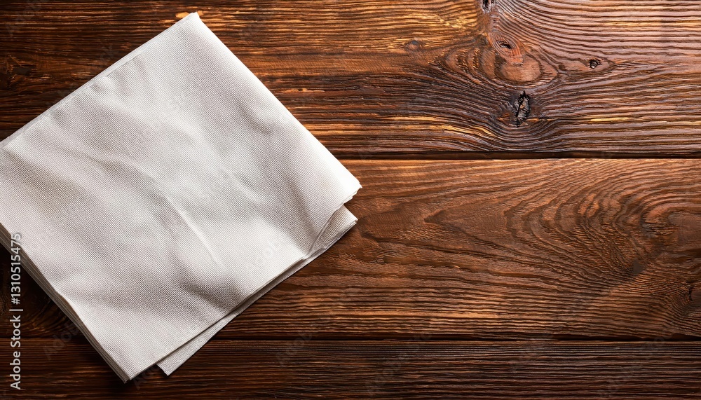 Poster paper napkin on wooden table closeup top view mockup for design, showcasing a rustic yet minimalisti