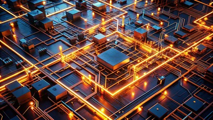 Obraz premium Futuristic Orange Glowing Circuit Board Aerial View - Advanced Technology Stock Photo