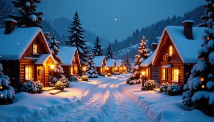 Snowy Christmas Village with Holiday Lights and Decorations , decorations, festive, houses