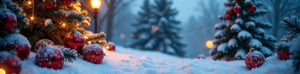 Snowy winter landscape with Christmas decorations and festive lights, christmas, winter, snow
