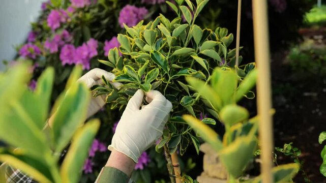 Euonymus fortunei standard form.Variegated variety of euonymus.Topiary from euonymus in the gloved hands of a gardener in a spring blooming garden. Growing and pruning evergreen shrubs.