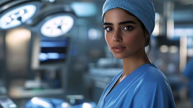 Oriental female doctor in a hospital. Contrast. Operating room. Beautiful oriental woman doctor in a white coat. Medical student. Concept of medicine. Generated AI. - Powered by Adobe