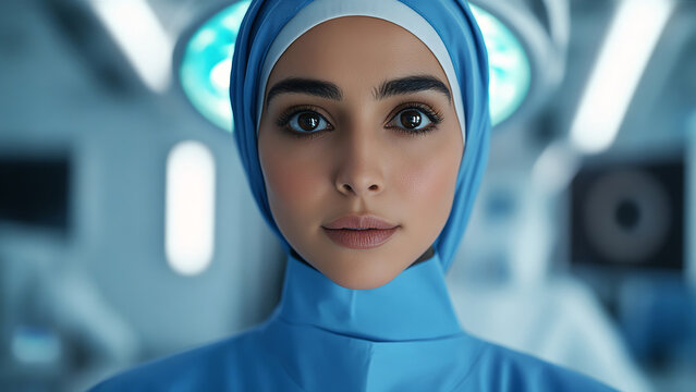 Oriental female doctor in a hospital. Contrast. Operating room. Beautiful oriental woman doctor in a white coat. Medical student. Concept of medicine. Generated AI.