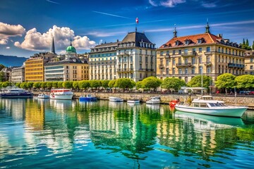 Obraz premium Geneva Waterfront Cityscape, Switzerland - June 20, 2018 - Stunning High-Resolution Stock Photo
