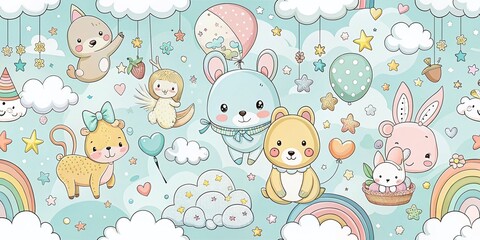 Gentle Baby Nursery Wallpaper Design: Soft Line Art Animals & Clouds