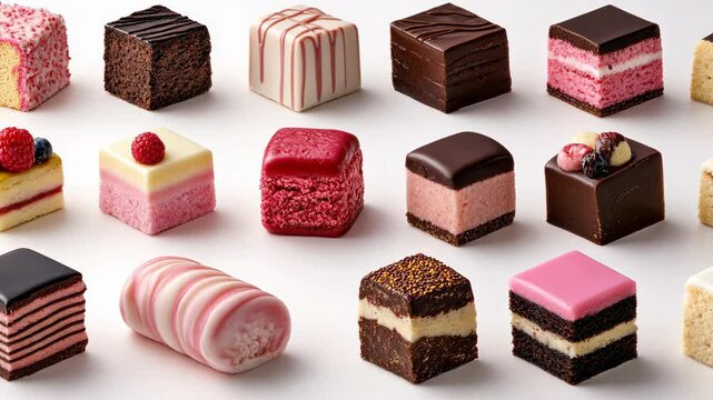 Delicious assortment of colorful mini cakes displayed on a white background for dessert lovers to enjoy