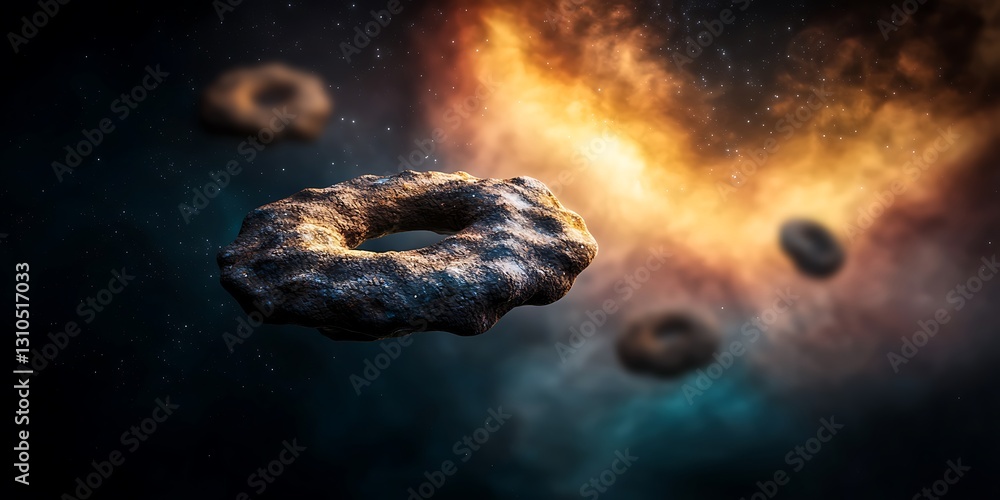 Poster cosmic scene featuring floating asteroid-like objects amidst colorful nebula and stars