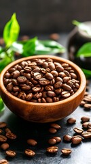 Fototapeta premium Roasted Coffee Beans in Wooden Bowl Close Up