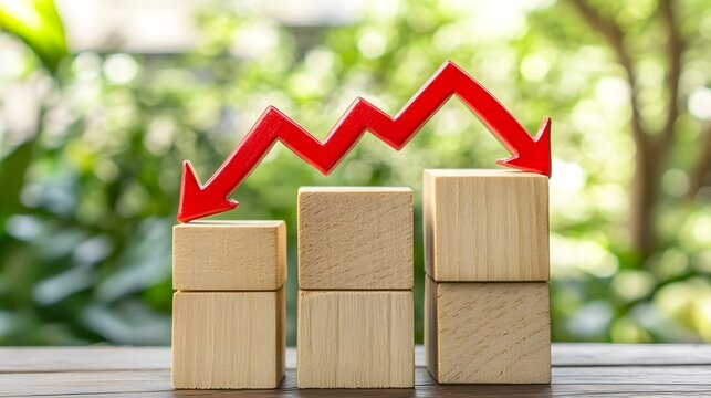 Wooden Blocks Chart Showing Red Downward Arrow Graph Decline Business Loss Concept