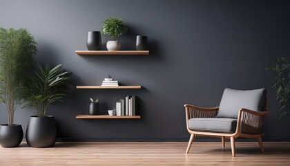 Striking Modern Interiors Sleek Dark Grayscale Palette Accents with an Artful Arrangement of Contemporary Armchair and Shelf, Evoking a Sophisticated, Minimalist Aesthetic in a Warmly