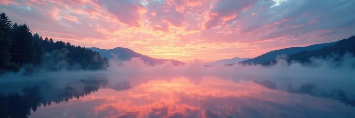 Fototapeta premium Softly glowing clouds envelop a misty lake at dawn, clouds, dawn, misty