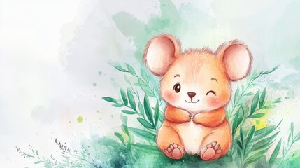 A Cute Cartoon Bear With Greenery And A Smiling Face
