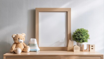 Wooden Picture Frame Mockup in Cozy Nursery Interior, Stylish Wooden Desk against White Backdrop, Invoking a Sense of Warmth and Serenity in this 3D Rendered Scene.