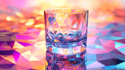 Faceted glass tumbler with liquid on a colorful polygonal background. digital art illustration with prismatic light effects. generative ai. Prismatic - Stained glass. Illustration