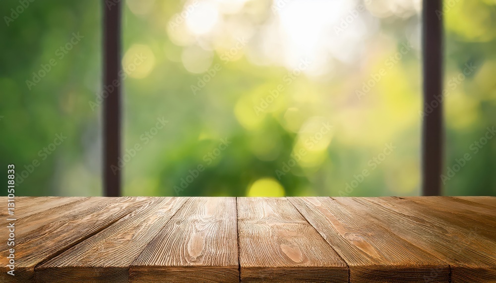 Aufkleber plain wooden texture table on defocused summer window background a rustic touch in a blurred outdoor