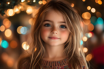 Enchanting Portrait of a Young Girl with Sparkling Eyes Amidst Holiday Lights