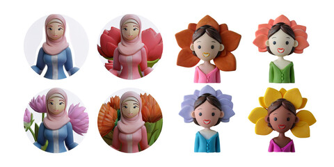 Vibrant Female Figurines in Floral Themes for Artistic Inspiration, isolated on transparent background