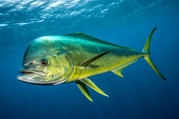 Mahi Mahi swimming gracefully in tropical deep waters with sunlight filtering through