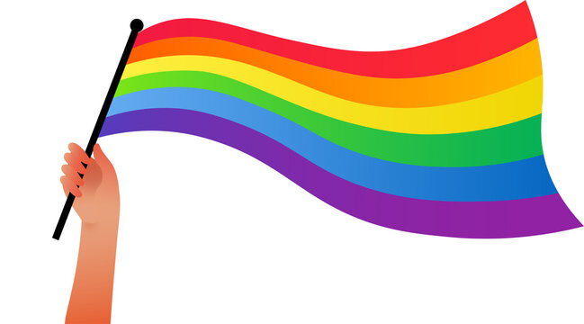 Illustration of hand holding rainbow flag represent pride month celebration