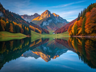 Obraz premium mountain lake reflection. lake, mountain, water, mountains, reflection, landscape, sky, nature, park, autumn, fall, scenic, forest, mirror, river, tree, calm, travel, snow, clouds, scenery, national, 