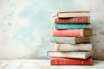 A minimalist design of a stack of antique books, with simple outlines and muted colors, creating a subtle nostalgic effect