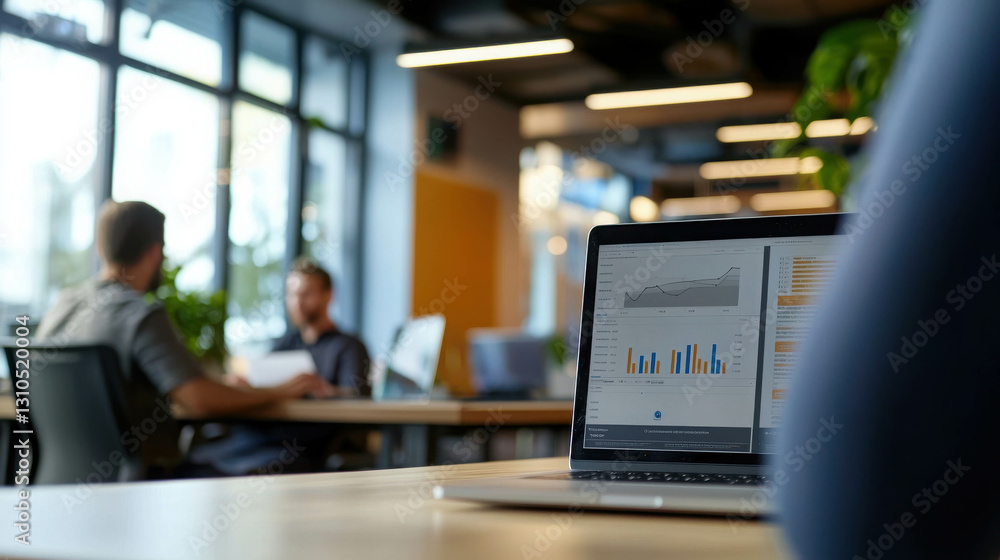 Aufkleber modern office environment with focus on laptop displaying data analysis and collaboration
