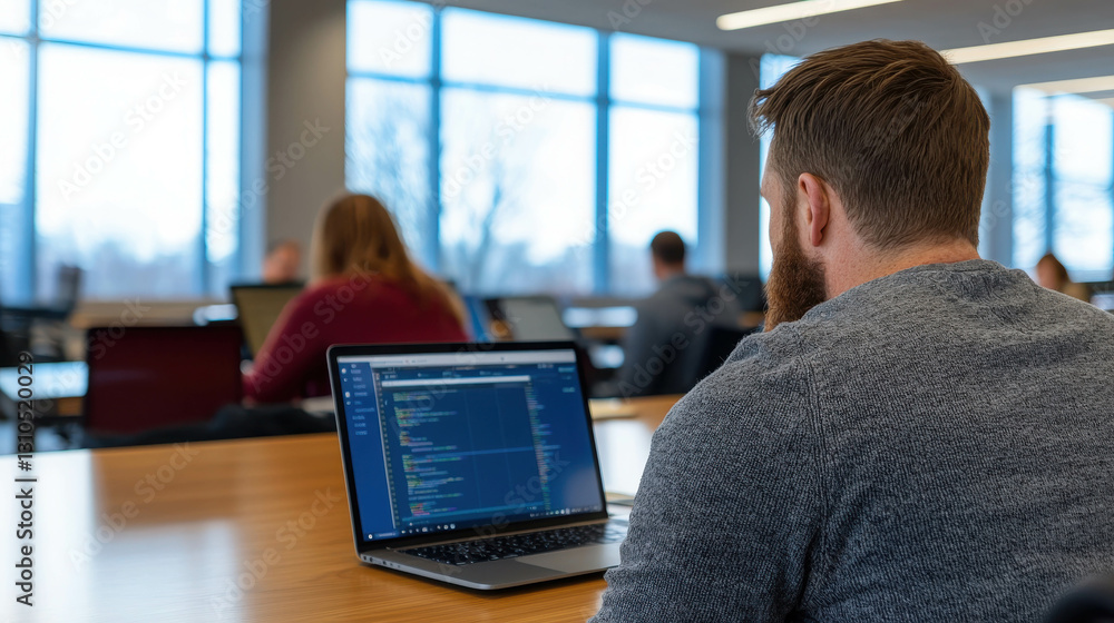 Aufkleber modern workspace with people engaged in coding and learning activities at a bright area