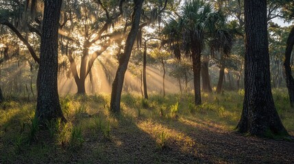 Fototapeta premium Sunbeams pierce misty forest at dawn (3)