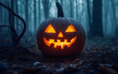 Obraz premium Mystical Halloween Pumpkin Glowing in a Spooky Forest at Night