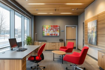 Fototapeta premium Modern office space with natural light, comfortable seating, and a colorful abstract artwork.