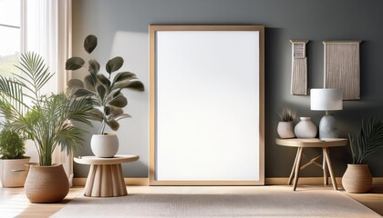 3D Rendered Modern Interior with Artistic Poster Frame Mockup Set Against a Chic, Neutral Backdrop in a Stylish Living Space